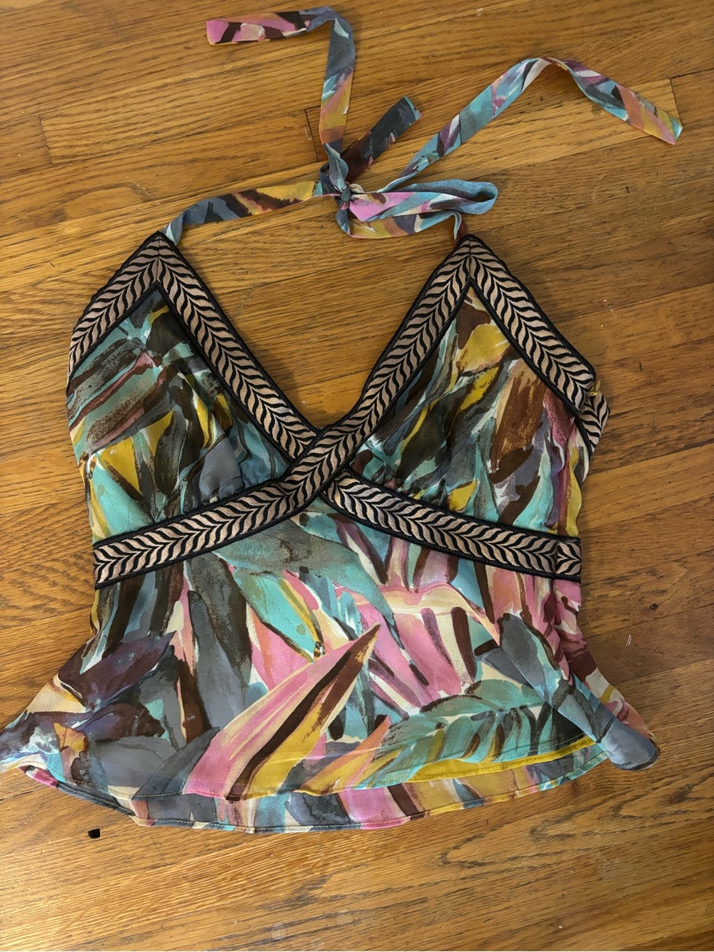 Aqua Multicolor Printed Halter Camisole with Braided Trim